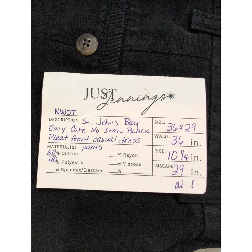 St. Johns Bay Mens 36x29 Easy Care No Iron Black Pleat‎ Front Dress Pants Chinos